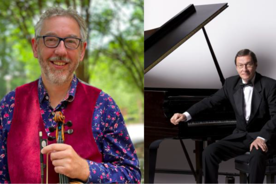 two photos of men, at right with piano
